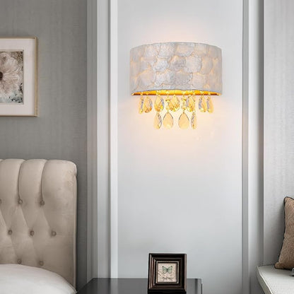 2-Lights Capiz Shell Crystal Wall Sconces, Coastal Design Indoor Wall Lamp, Vanity Wall Mount Light Fixture for Bathroom, Hallway, Bedroom, Shell Lampshade, Crystal Pendants & Gold Finish