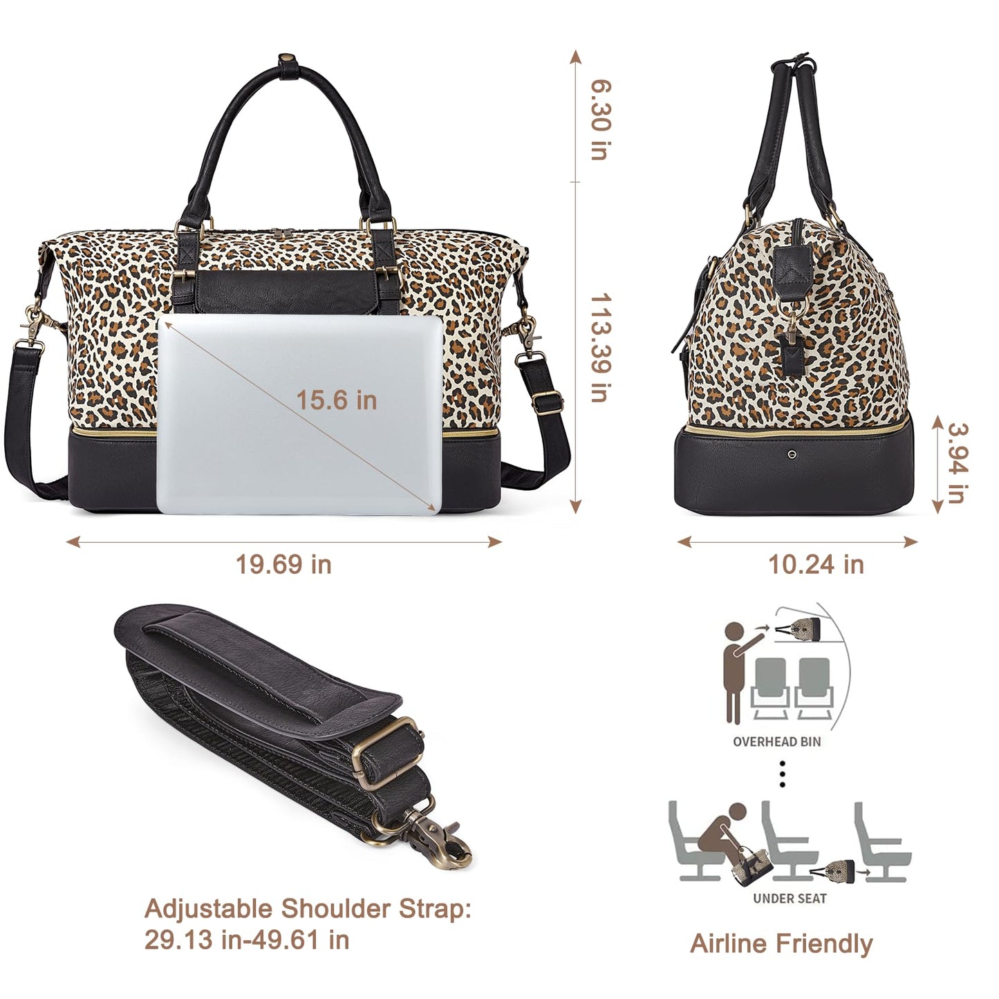 CLUCI Weekender Bag for Women Canvas Large Overnight Travel Duffel Bag with Shoe Compartment Leopard Pattern with Black