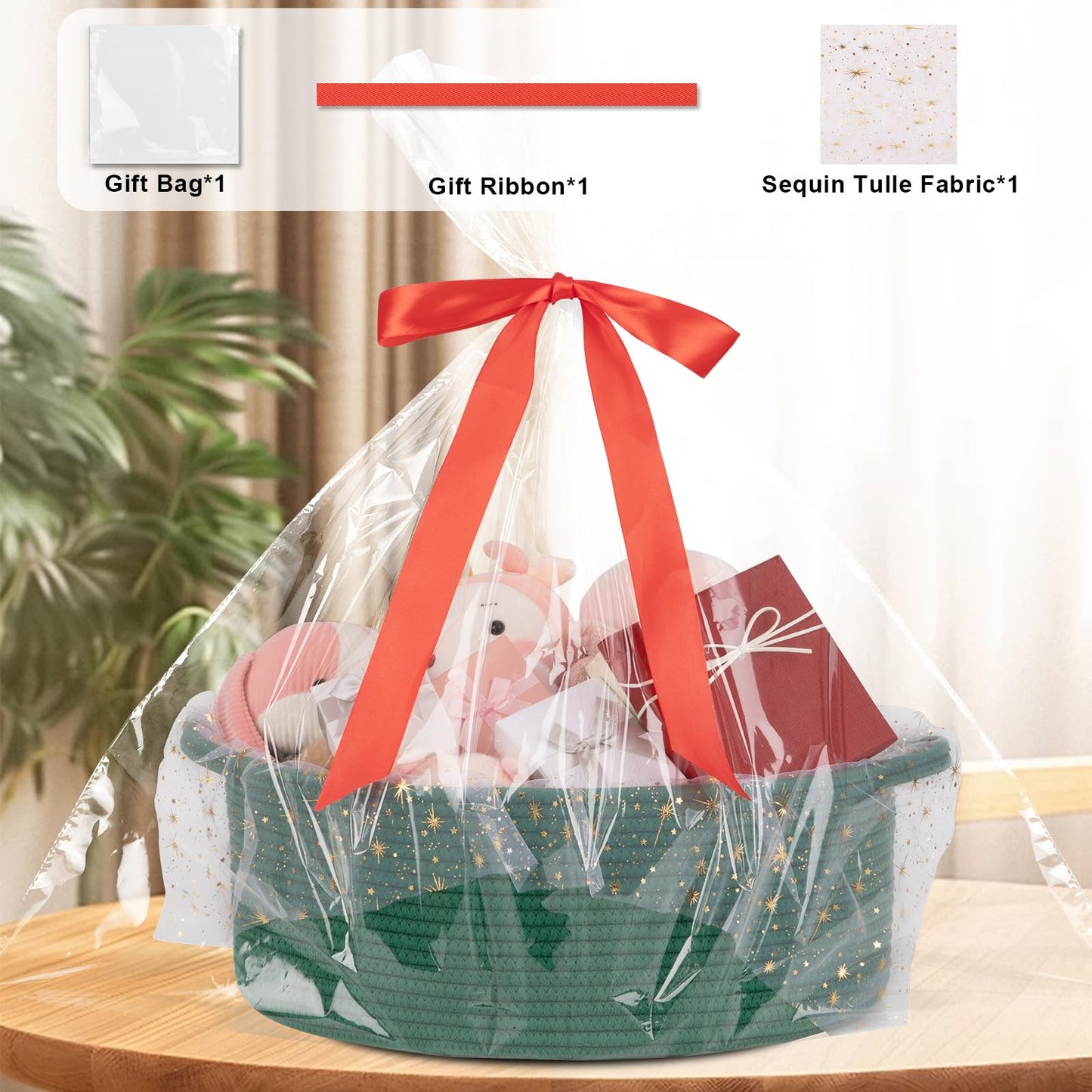 OIAHOMY Large Gift Basket Empty 17" x 12.6" x 7", Storage Basket with Gift Bag, Ribbon and Glitter Tulle for DIY Anytime, Toy Storage for Kids, Dogs with Handles in A Stylish Design - Green