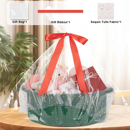 OIAHOMY Large Gift Basket Empty 17" x 12.6" x 7", Storage Basket with Gift Bag, Ribbon and Glitter Tulle for DIY Anytime, Toy Storage for Kids, Dogs with Handles in A Stylish Design - Green