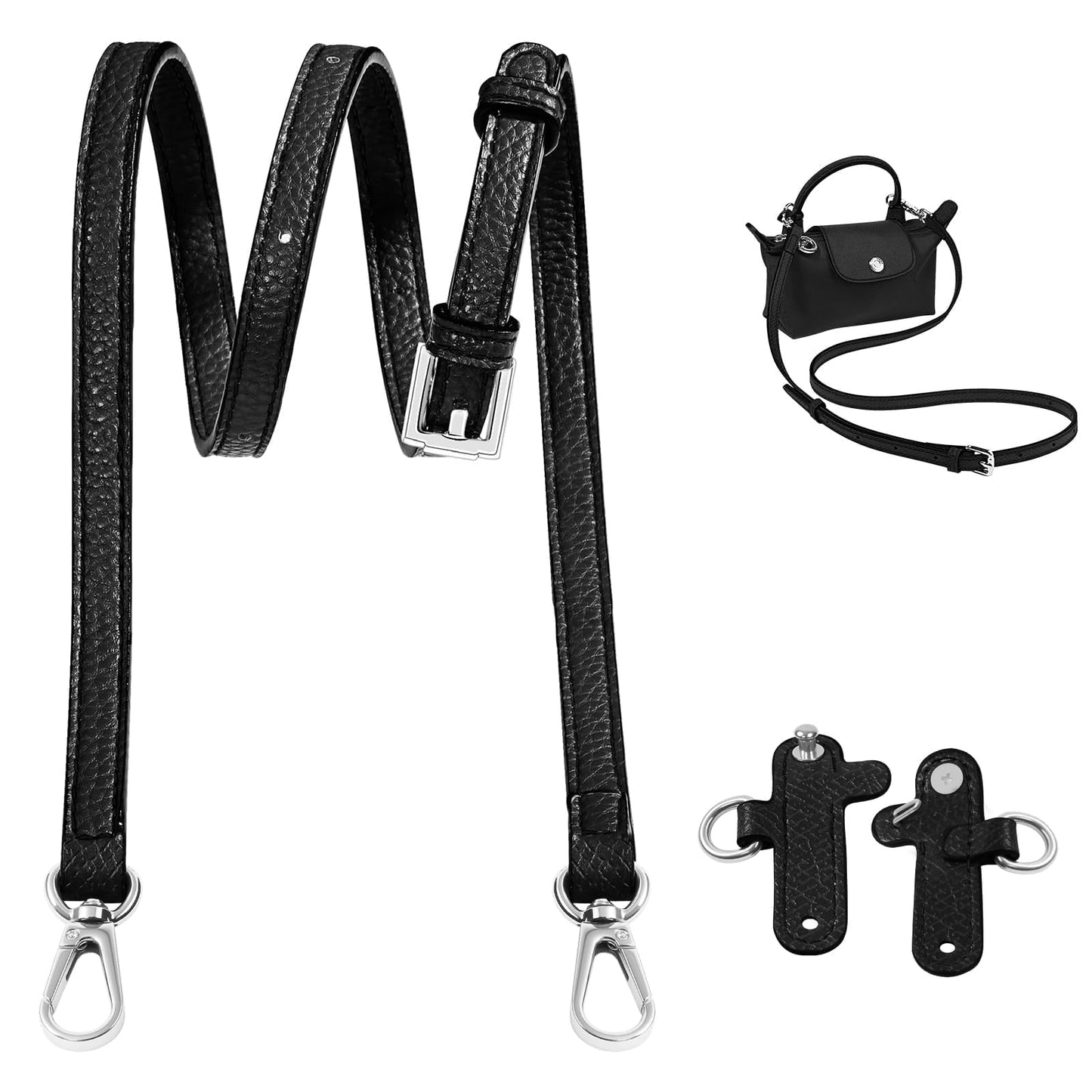 Gripooaven Mini Bag Strap Kit for Longchamp Black, Adjustable Leather Crossbody Shoulder Strap for Small Pouches, Purses and Handbags (Black Silver)