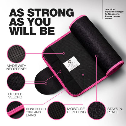 ActiveGear Waist Trainer for Women & Men - Sweat Band Waist Trimmer Belt for a Toned Look - Reinforced Trim and Extra Secure Fastening (Pink Hem, Medium: 8” x 42”)