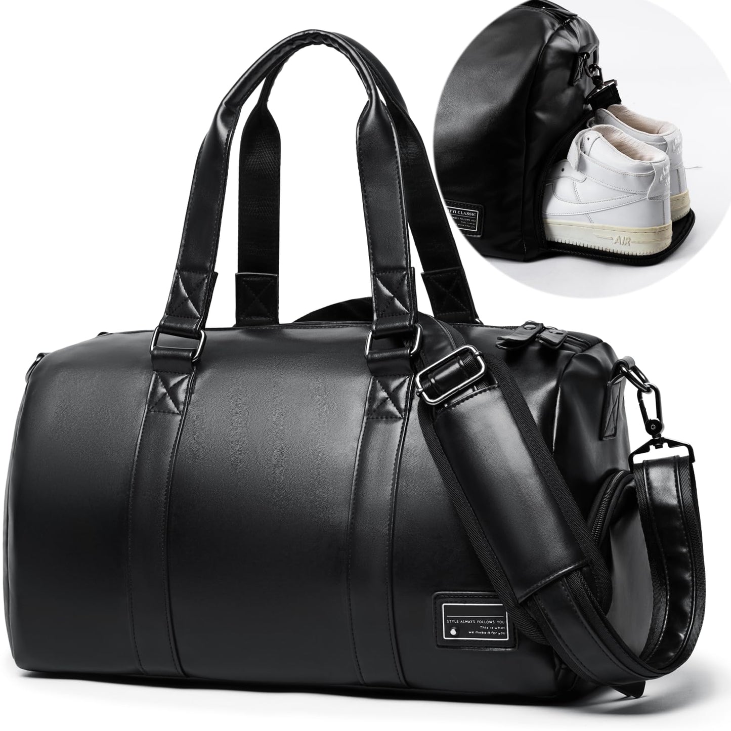 MATE ELAN Leather Gym Fitness Bag for Men Women with Shoe Compartment 20L PU Leather Weekender Travel Duffel Bag Waterproof Overnight Gym Sports Carry-On Bag Black