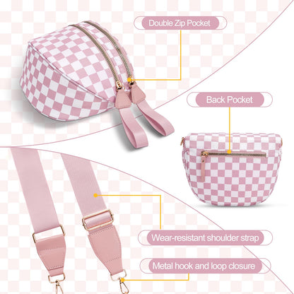 Checkered Crossbody Bag,Nylon Bum Bags for Women Crossbody,Spacious Sling Bag Purse Fanny Packs with Shoulder Strap