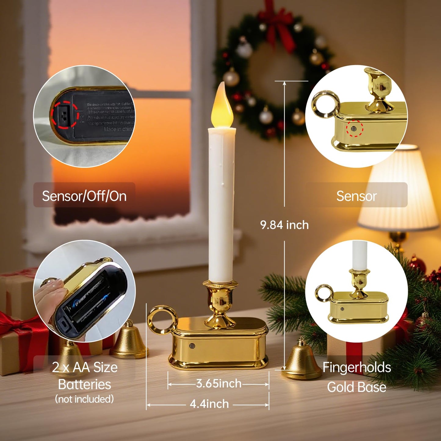 CHYSUPER 4Pack Dusk to Dawn Window Candles Battery Operated, Flameless LED Candles with Light Sensor & 3 Modes, Realistic Flickering Flame for Christmas Holiday Decor