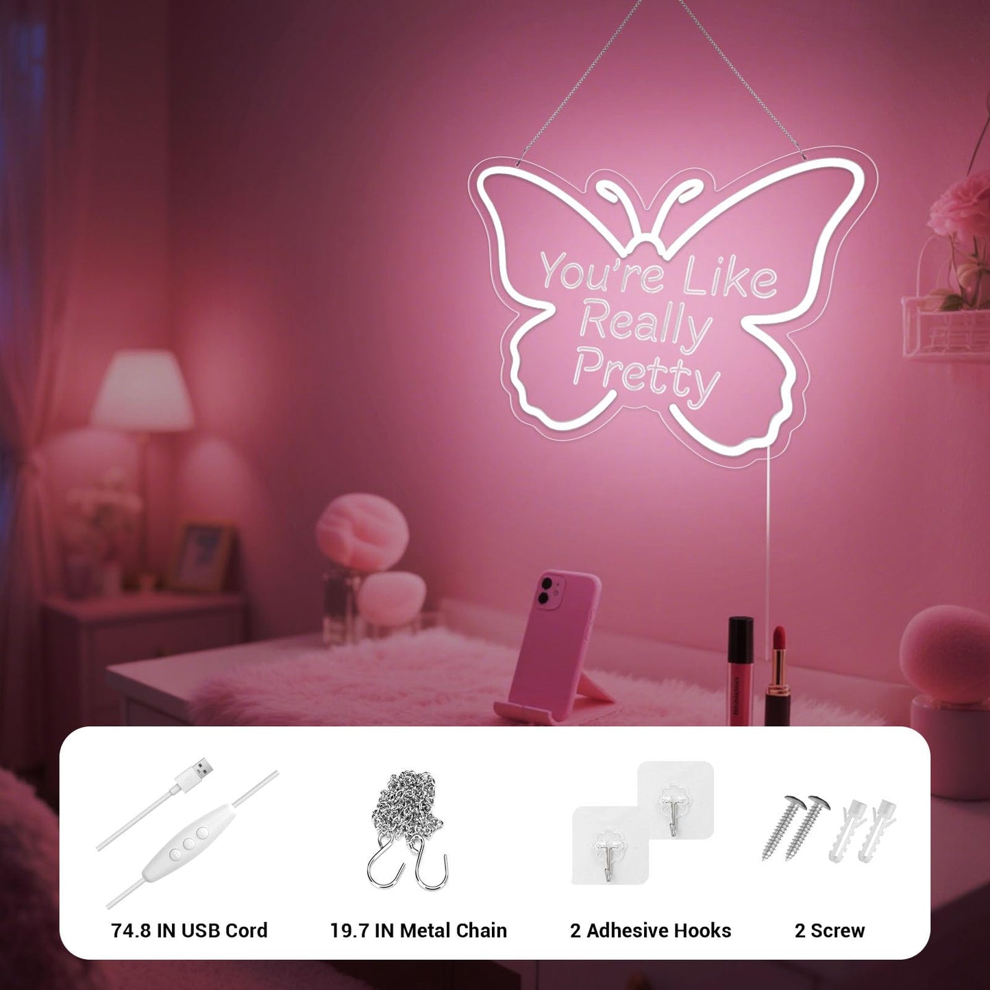 LMHSE You're Like Really Pretty Neon Sign, LED Neon Signs for Wall Decor Dimmable Aesthetic Butterfly Room Decor for Teen Girl, Bedroom, Wedding Decor, Gift for Birthday, Christmas (White)
