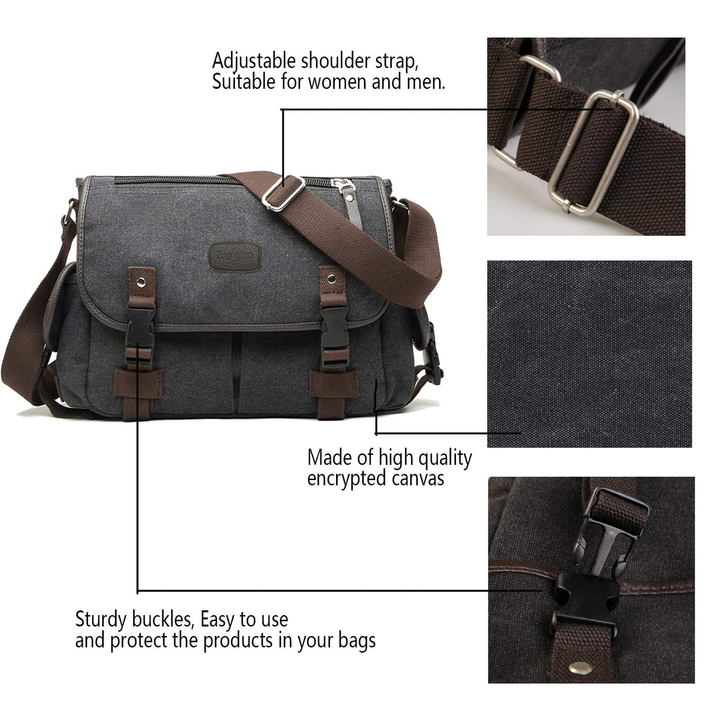 [Upgraded] Vintage Canvas Messenger Bag 13 15.6 17 inches Large Book Laptop Shoulder Bag Women Men New (Black, X-Large)