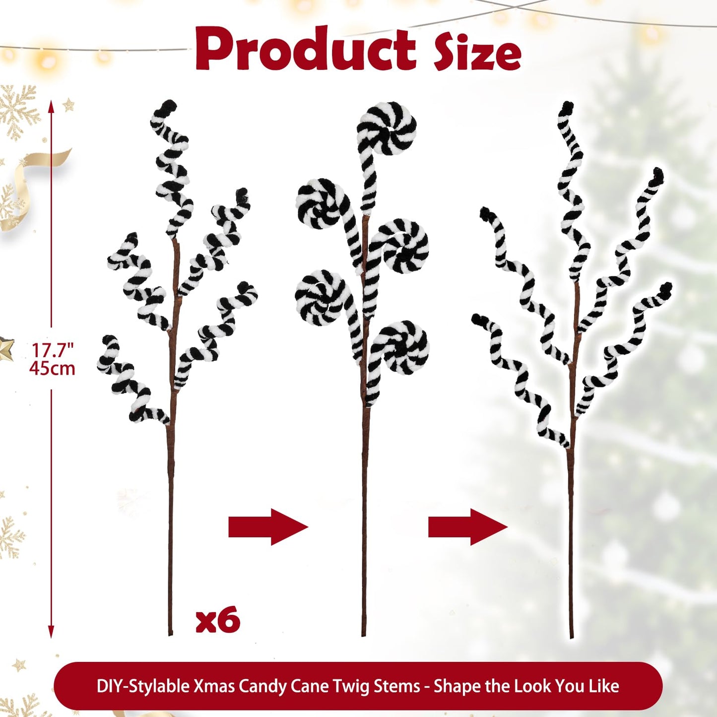 Briful 6 Pack 17.7" Candy Cane Christmas Picks Spray, Black & White Candy Christmas Ornaments Xmas Tree Picks for Holiday Wreath Garland Vase Arrangement Decor