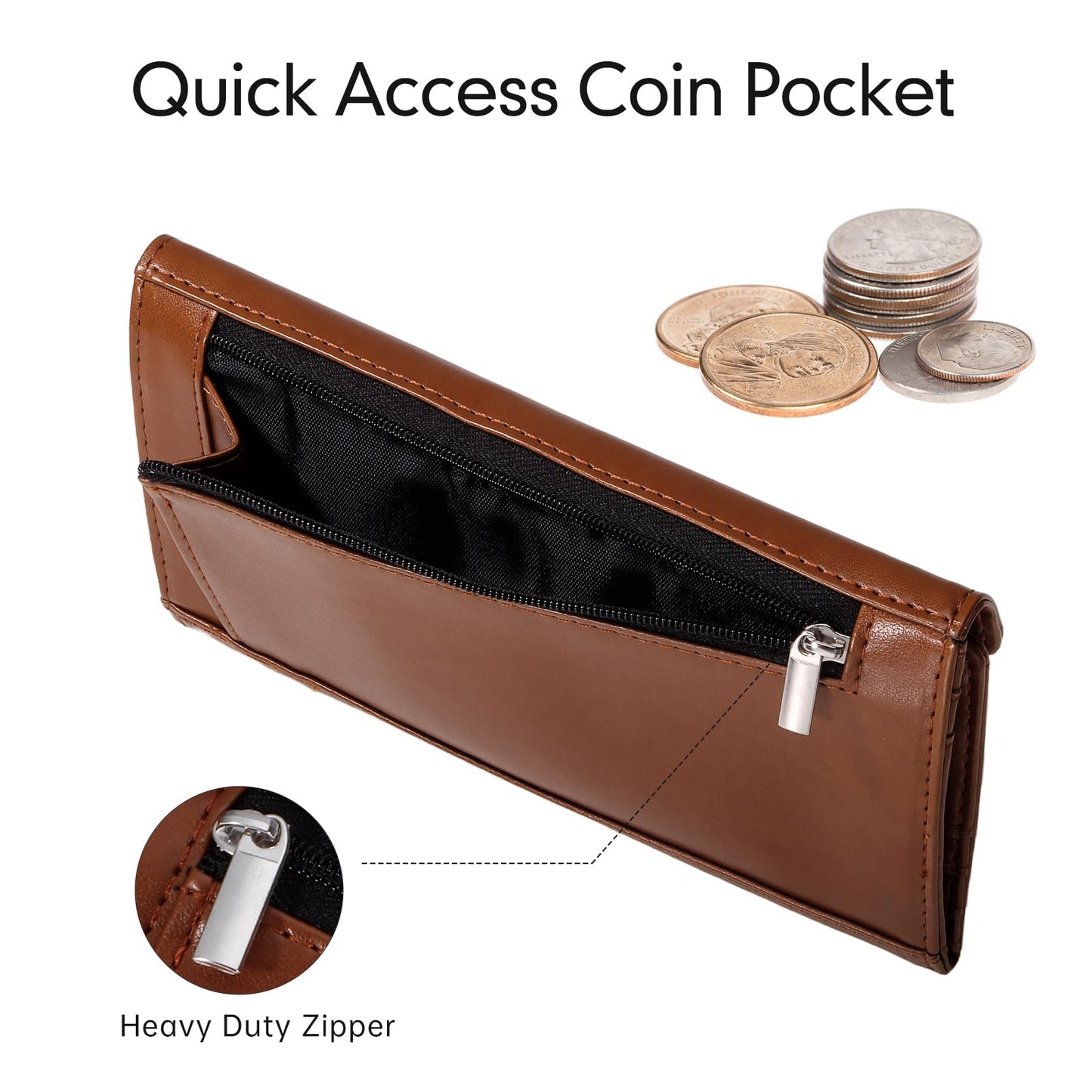 HAWEE Leather Cash Envelope Wallet, RFID Blocking Card Organizer for Women, Reusable Coin Pouch, Coffee Brown