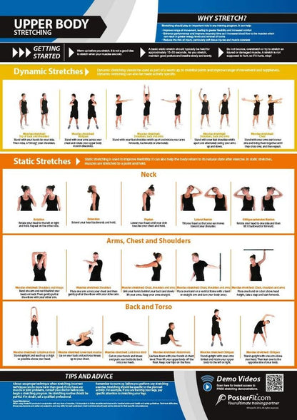 Upper Body Stretching Gym Poster - Dynamic & Static Stretches - Extra Large 33” x 23.5” - Laminated | Includes Online Video Training Support