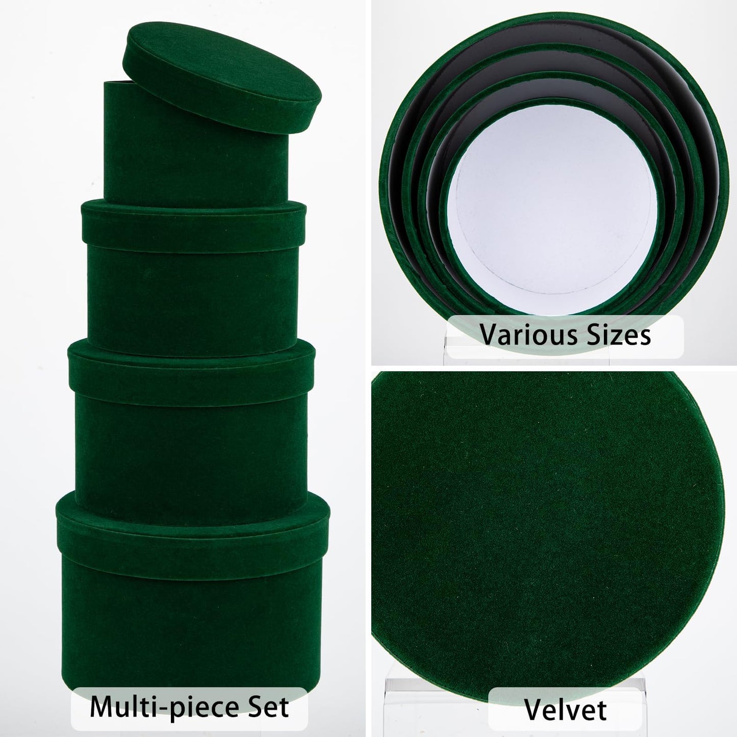 GnFlus Round Gift Boxes with Lids for Presents Set of 4 Green Velvet Nesting Gifts Box for Arrangements Flowers Wedding Birthday Valentines Bridesmaid Christmas Party Anniversary