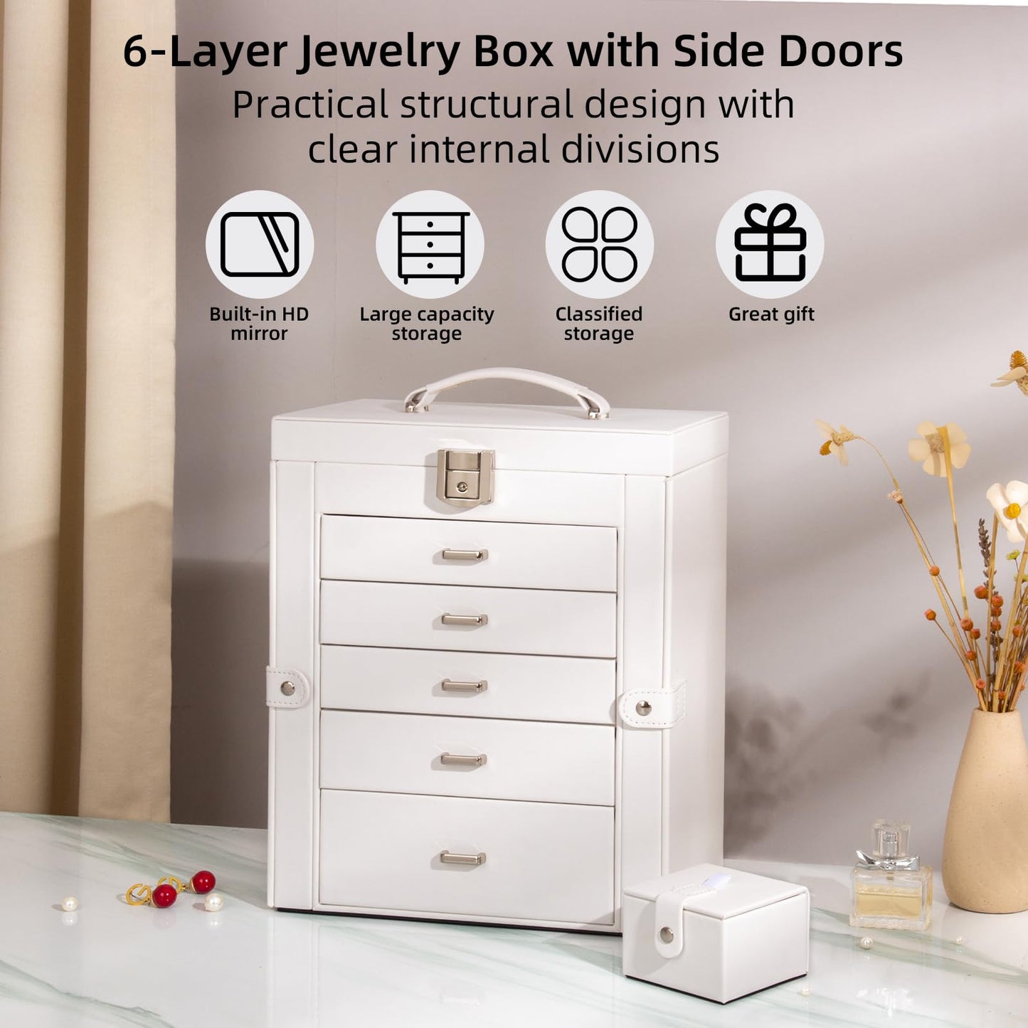 FEIYAN Large Jewelry Box,5-Tier PU Leather Jewelry Organizer with Lock,Multi-functional Storage Case with Mirror,Jewelry Organizer for Bracelets, Earrings, Rings, Necklaces, Mothers Day (CREAM)