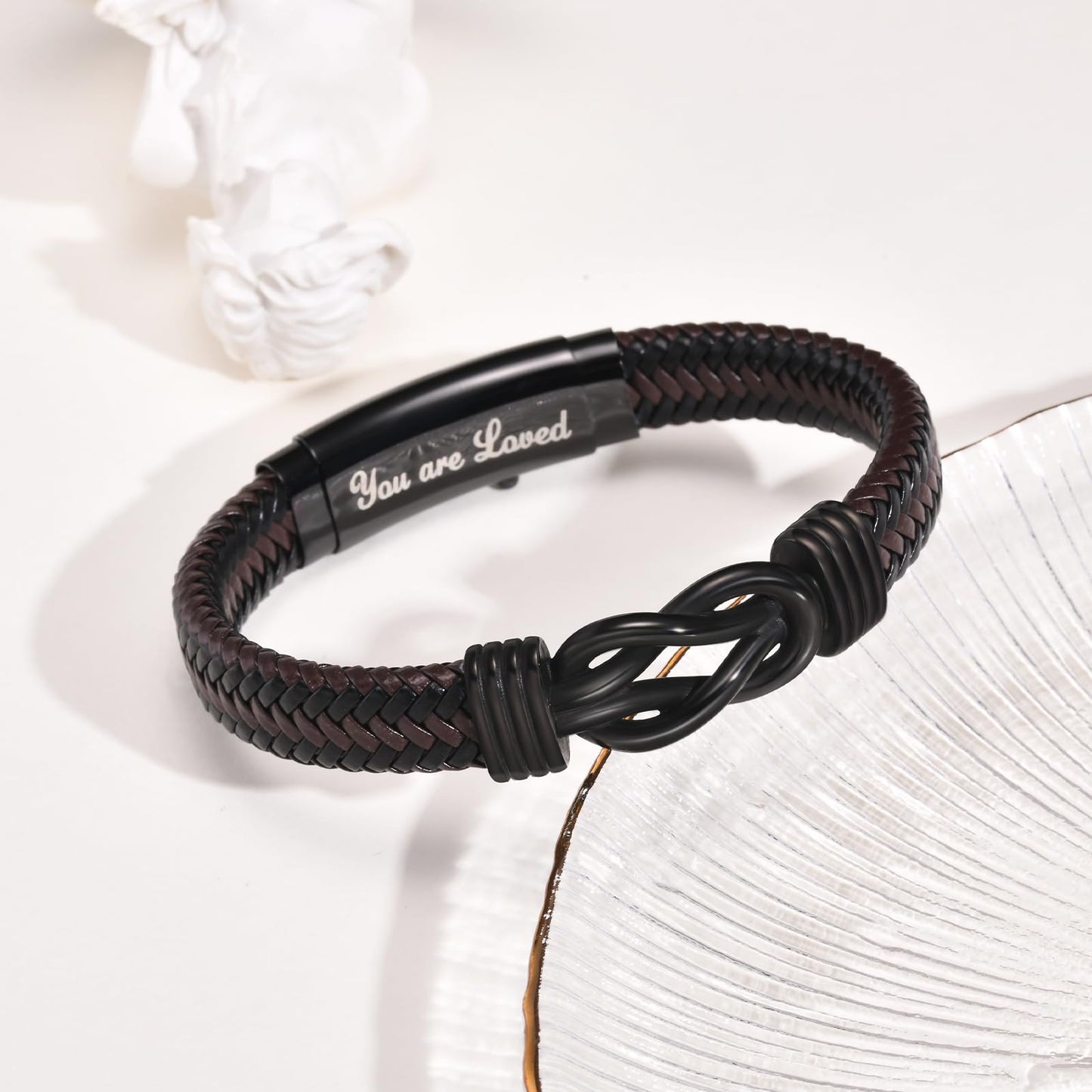 Love Knot Bracelet GIFS for Men - Handmade Braided Leather Bracelets Brown Leather Cuff Infinity Knot for Son Husband Boyfriend,Mens Christmas Birthday Gift