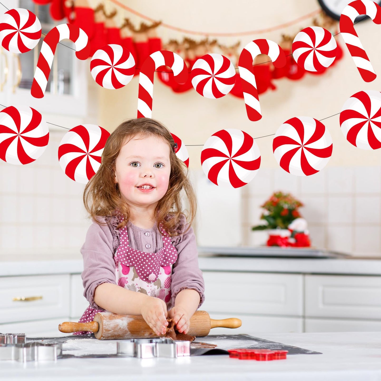 Whaline 4Pcs Christmas Paper Banner Red White Stripe Candy Cane Banner Xmas Bunting Garland for Christmas Party Supplies Home Hanging Decoration