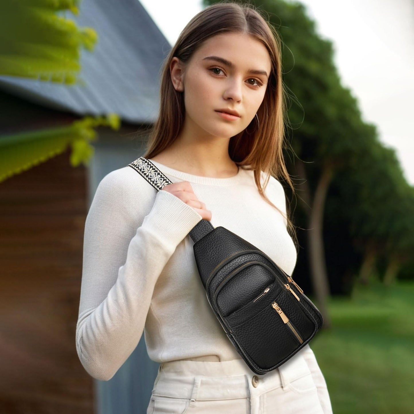 FALAN MULE Small Crossbody Sling Bags Fanny Packs Leather Purses Chest Bag for Women (Black)