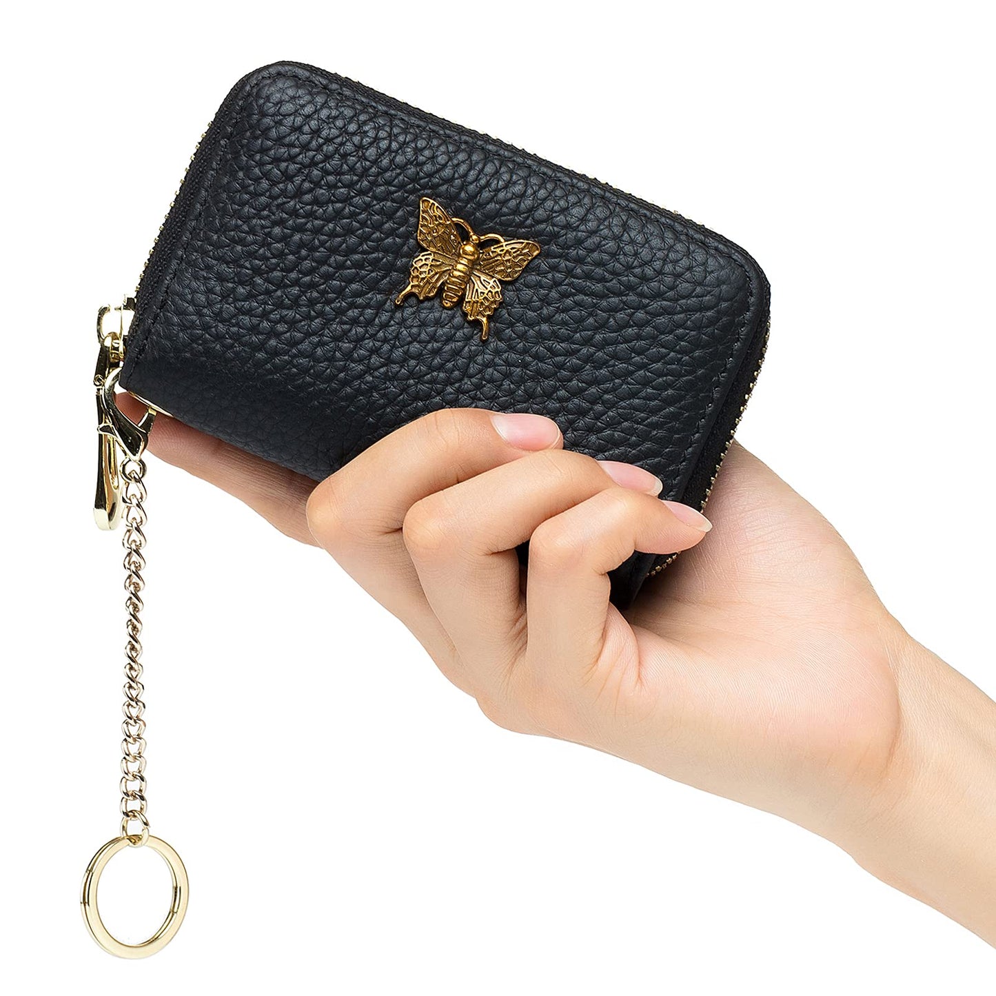 imeetu RFID Credit Card Holder for Women Genuine Leather Card Case Wallet with Zipper and Removable Keychain (Black)