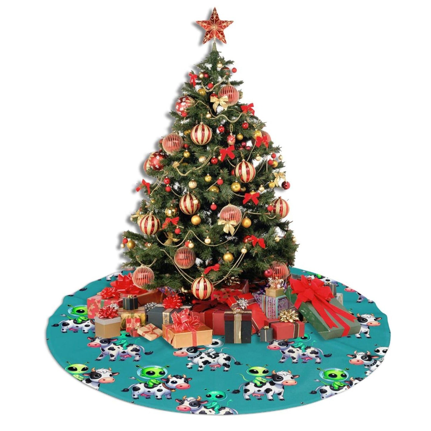 Cute Cows and Aliens Christmas Tree Skirt, 48 inches Chicken Tree Skirts Xmas Mat Farmhouse Holiday Party New Year Supplies Ornaments Decorations for Mini Small Pencil Big Trees