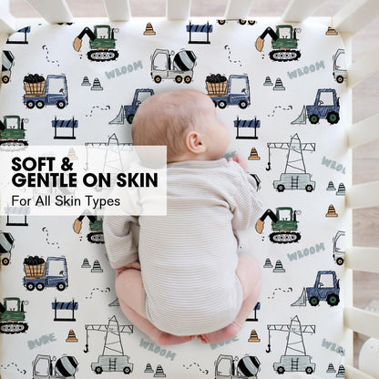 Little Grape Land Baby Cot Sheets Set for Boys & Girls, 2-Pack Soft & Breathable Microfiber,130x70cm Fitted Sheets for Standard Toddler Crib Mattress, Cute Patterns(Navy Truck)