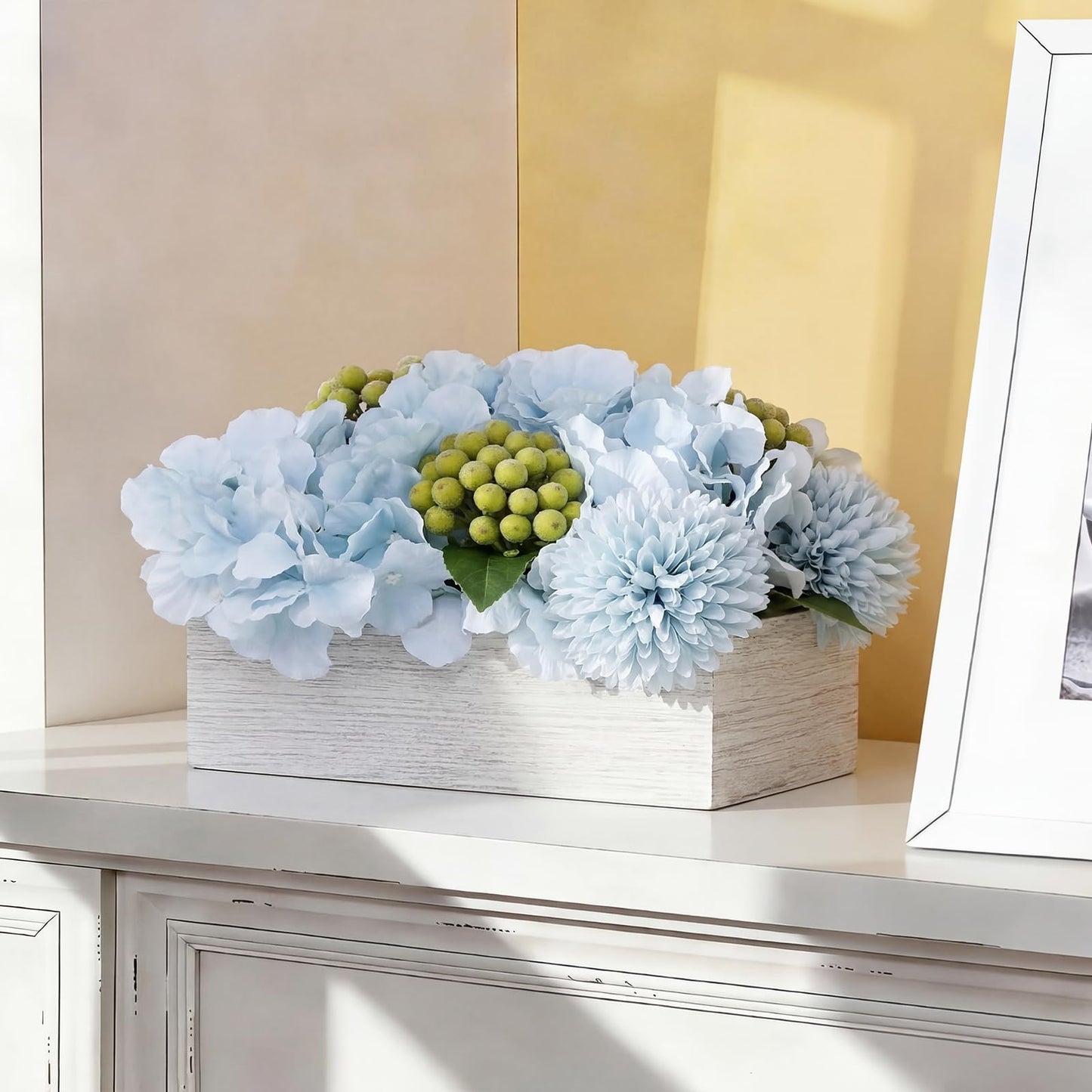 AceOrbit Blue Hydrangea Artificial Flowers with Wooden Box Table Centerpiece Decorations Fake Flowers Arrangement with Green Berries for Dining Room Home Table Bathroom Shelf Spring Easter Decoration