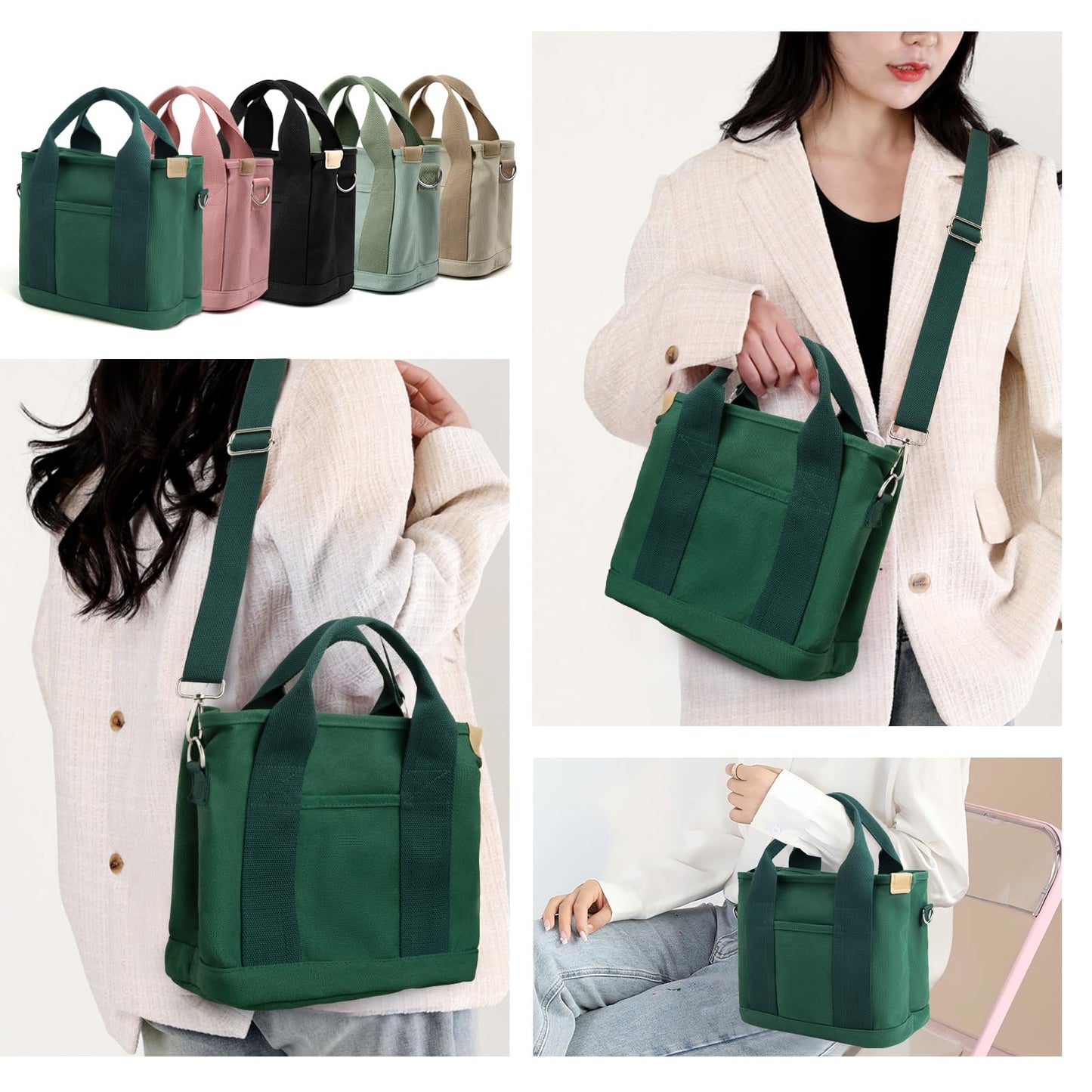 IwIeIaIrI Small Tote Bag for Women,Canvas Mini Tote Bags with Zipper and Multi Pockets,Crossbody Bag Shoulder Bag,Kids,Girls,Friends Gift(Dark Green)