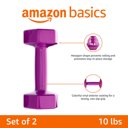 Amazon Basics Vinyl Coated Hexagon Dumbbell Hand Weights, Easy to Use and Store, 10 Pounds, Pair, Purple
