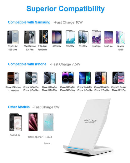 Fast Wireless Charger, NANAMI 15W Qi Certified Wireless Charging Stand Compatible iPhone 17/17 Air/16/15/15 Pro/15 Plus/15 Pro Max/14/13/12, for Samsung Galaxy S25/S24/S23/S22/S21 and Qi-Enabled Phone