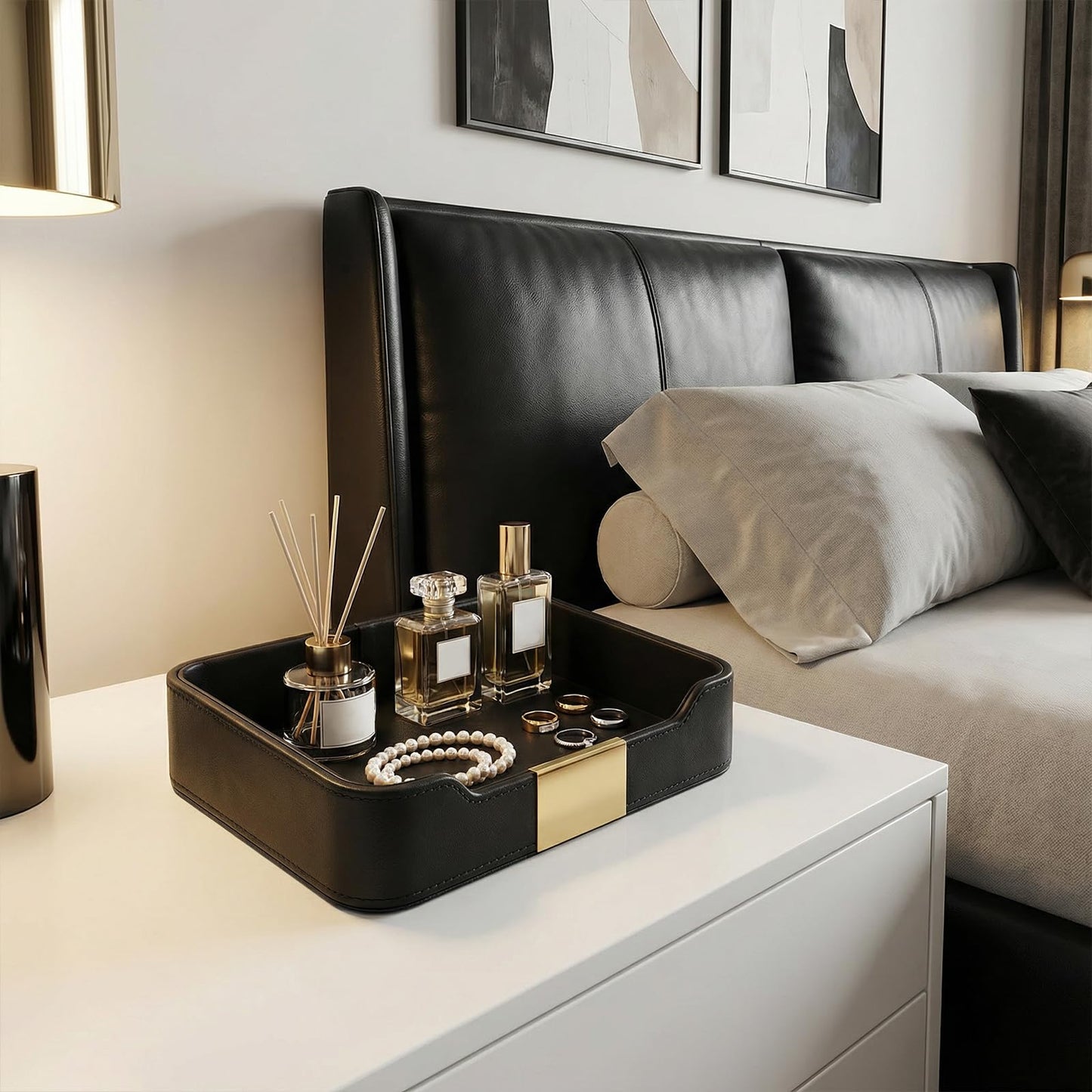 HOFURME Luxury Leather Valet Tray Desktop Storage Organizer, Bedside Vanity Catchall Tray Nightstand Caddy Holder for Cosmetic, Jewelry, Watch, Keys, Phone,Wallet, Remote Controller, Pen (Black)