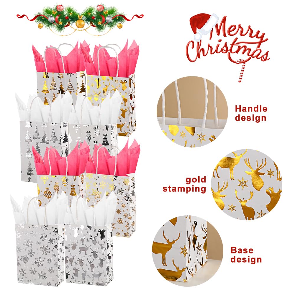 CMSSHUAI 8 PCS Small Christmas Gift Bags With Handle and Tissue,8 Designs christmas Paper Bags, Goody Bags,Christmas Treat Bags for Holiday Presents Candies Cookie Snacks
