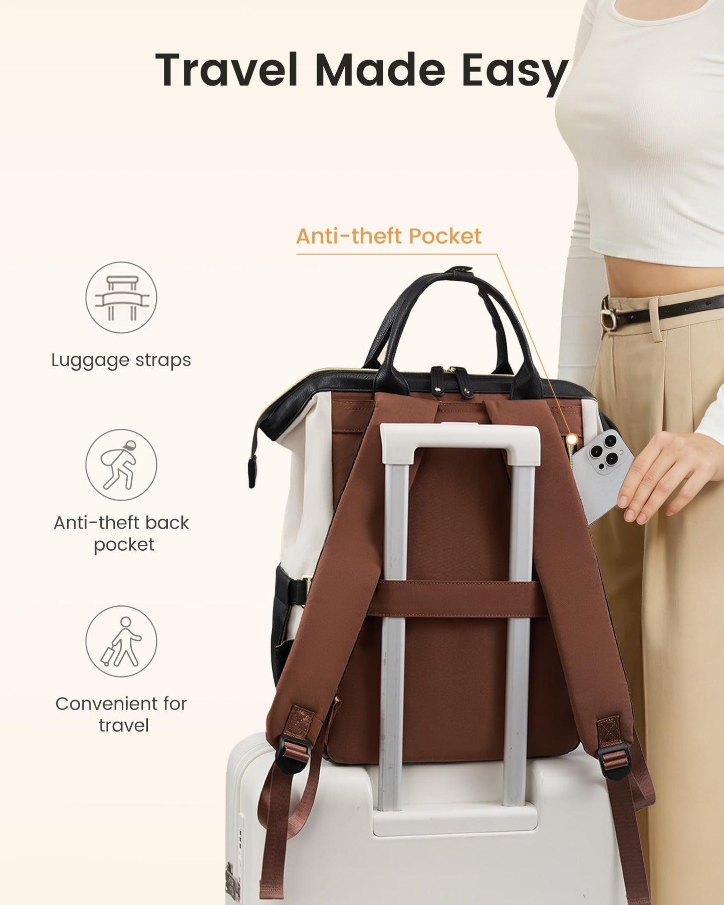 LOVEVOOK Laptop Backpack for Women with Giant Tumbler Holder,15.6 inch Professional Nurse Teacher Backpack Computer Laptop Bag,Cute Waterproof Travel Backpack Purse Work College Bag, Beige-Black-Brown