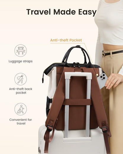 LOVEVOOK Laptop Backpack for Women with Giant Tumbler Holder,15.6 inch Professional Nurse Teacher Backpack Computer Laptop Bag,Cute Waterproof Travel Backpack Purse Work College Bag, Beige-Black-Brown