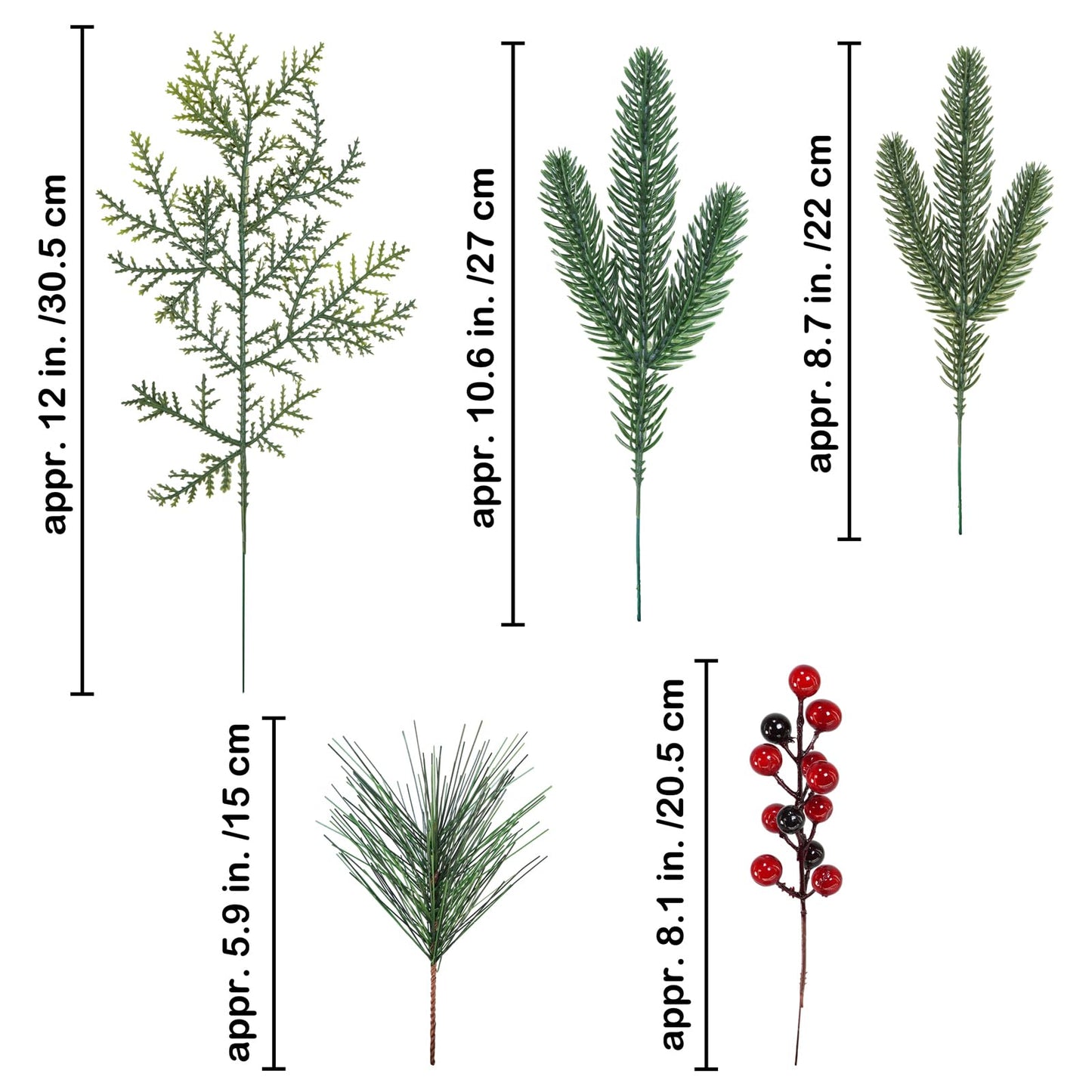 Winlyn 65 Pcs Artificial Pine Branches and Red Berries Stems Christmas Greenery Stems Cedar Picks for Christmas Tree Wreath Winter Wedding Holiday Floral Arrangement Table Centerpiece DIY Crafts