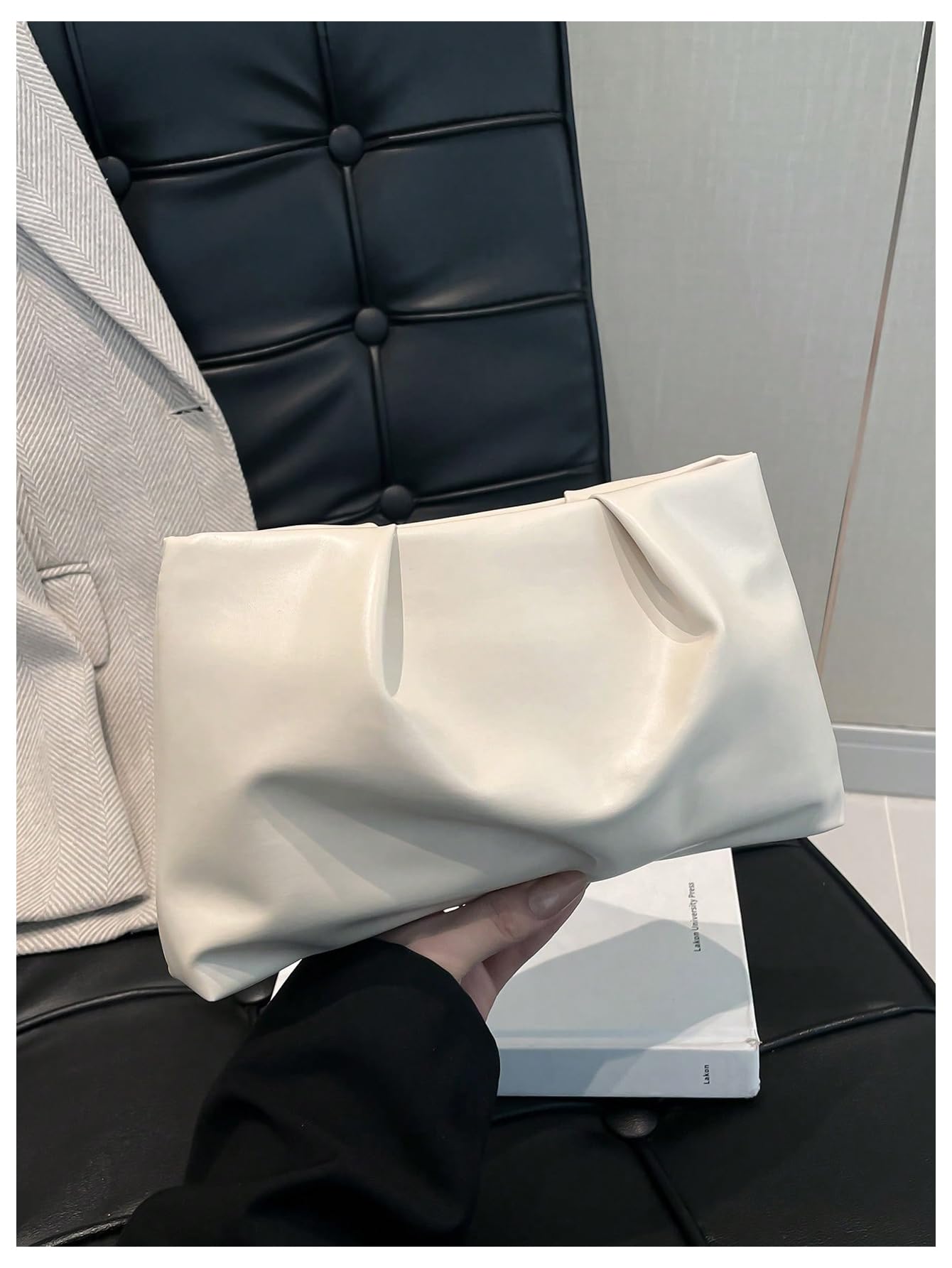OYOANGLE Women's PU Leather Clutch Purses Small Zipper Ruched Minimalist Handbag Beige One Size