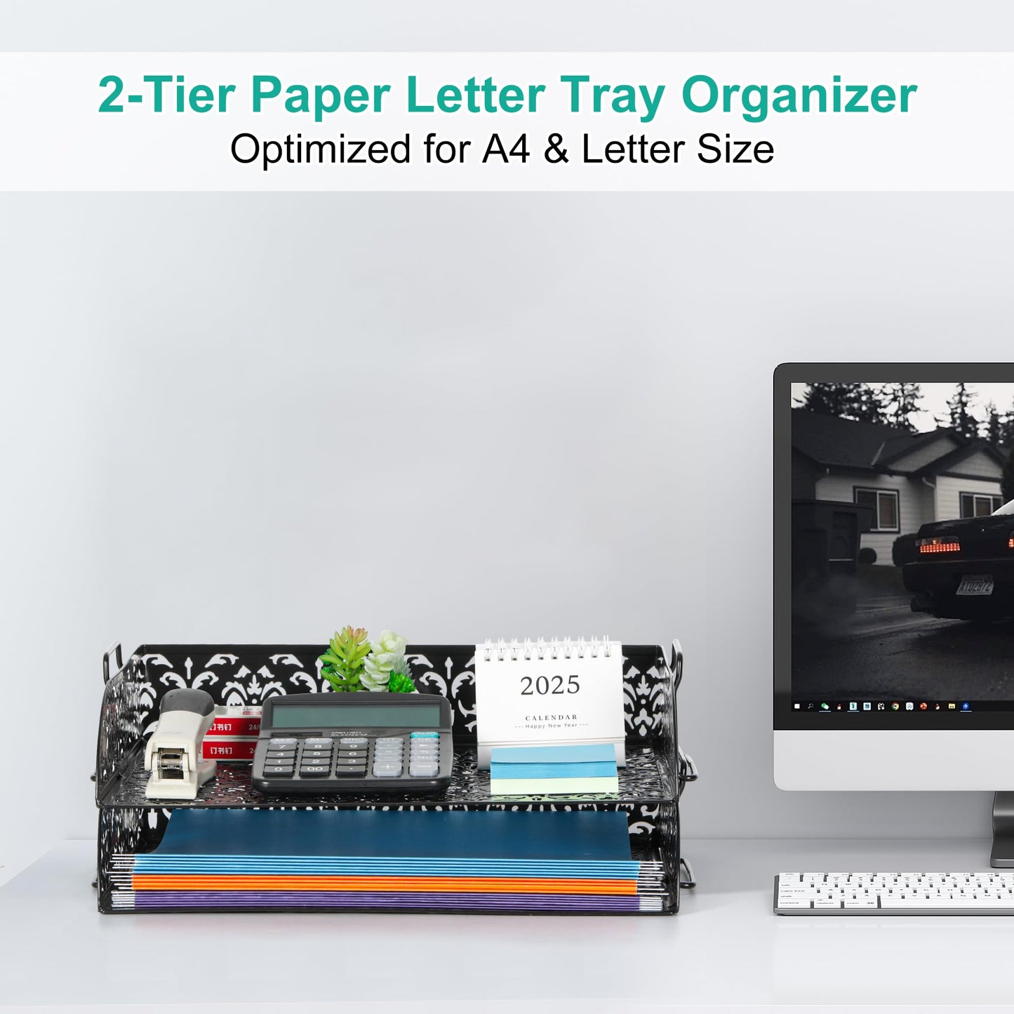 EasyPAG Paper Organizer for Desk 2 Tier Stackable Paper Tray for A4 Legal Size Folders Metal File Storage Desktop Organizer for Home Office School Teacher, Black