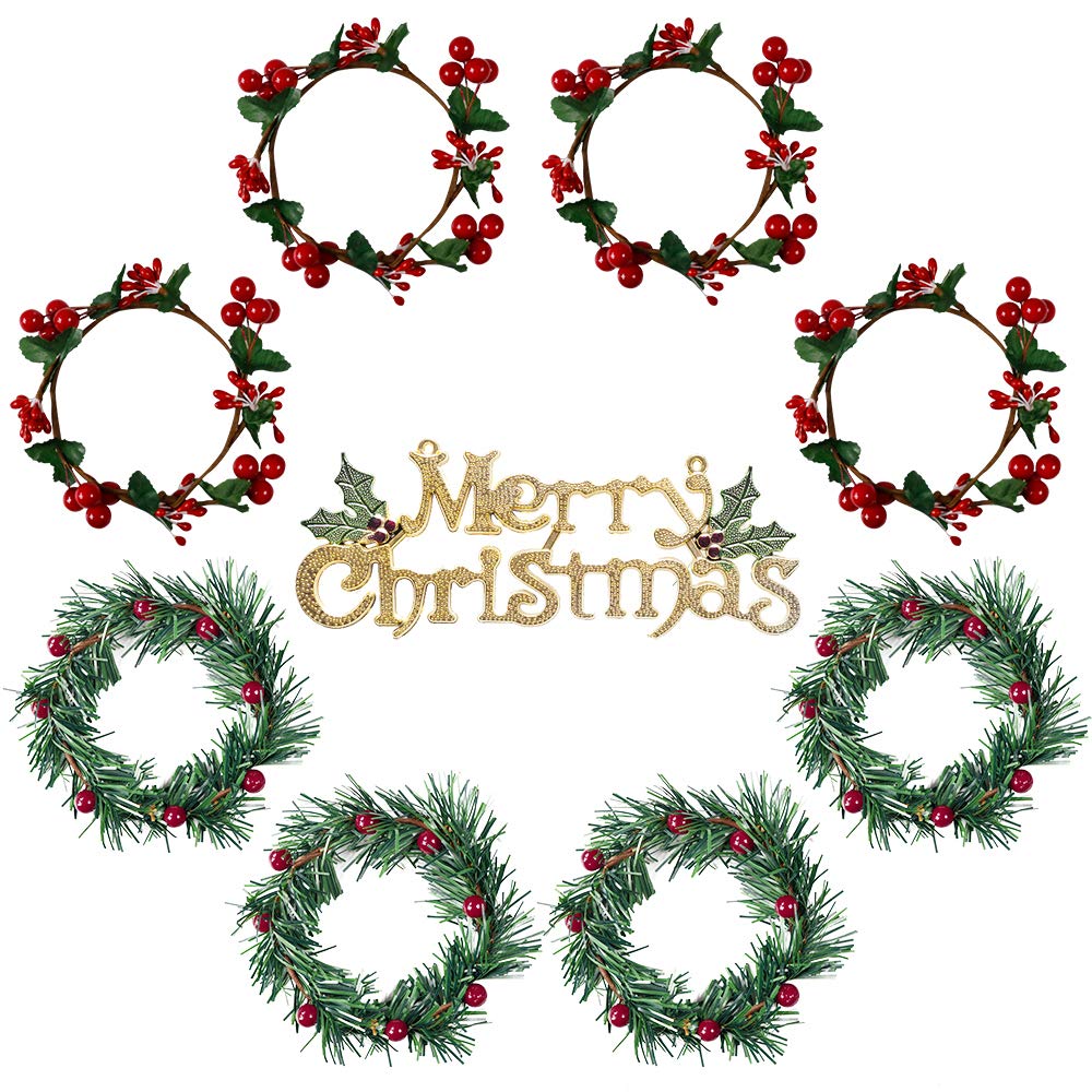 YBB 8Pcs Christmas Candle Rings, Small Artificial Red Berry Wreath Candle Holder Rings, Fits 3 Inch Pillars Candle Tapers for Rustic Wedding Centerpiece Christmas Table Decoration