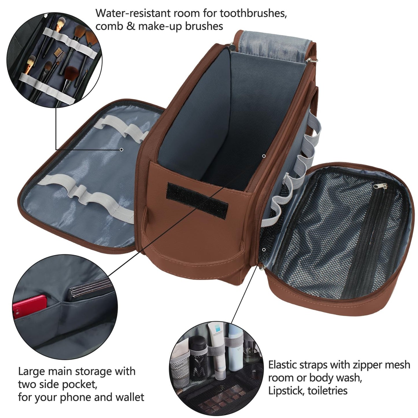 Buruis Extra Large Toiletry Bag for Men, Travel Toiletry Organizer Dopp Kit Water-resistant Shaving Bags, PU Leather Cosmetic Bathroom Shower Bag for Toiletries, Grooming, Accessories (Brown)