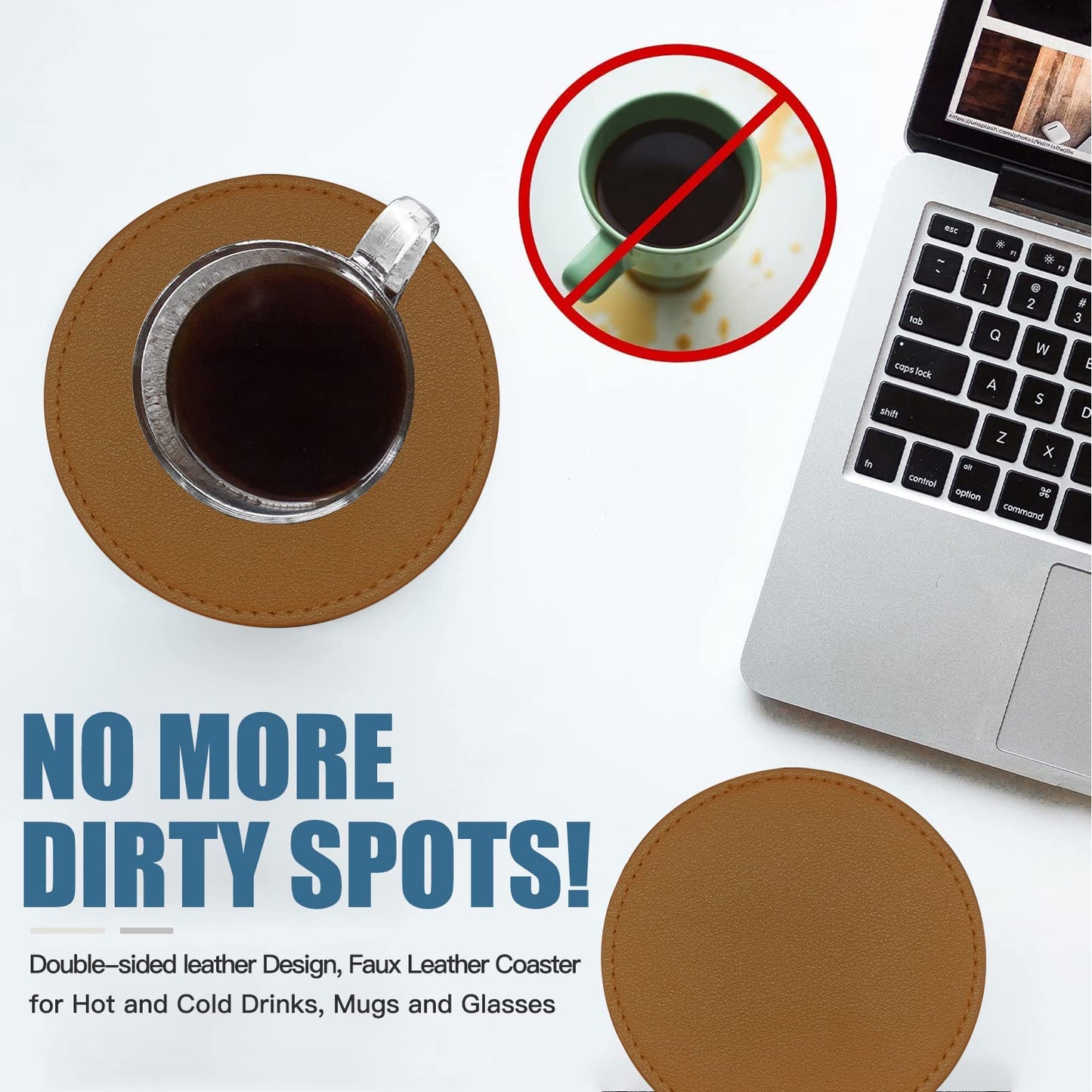 KEMMPER Coasters Set of 6 Soft Leather Drink Coaster Round Coaster with Sewing Around, Suitable for Various Cups, Wooden Tables,Home Decoration,4 Inches(Brown)