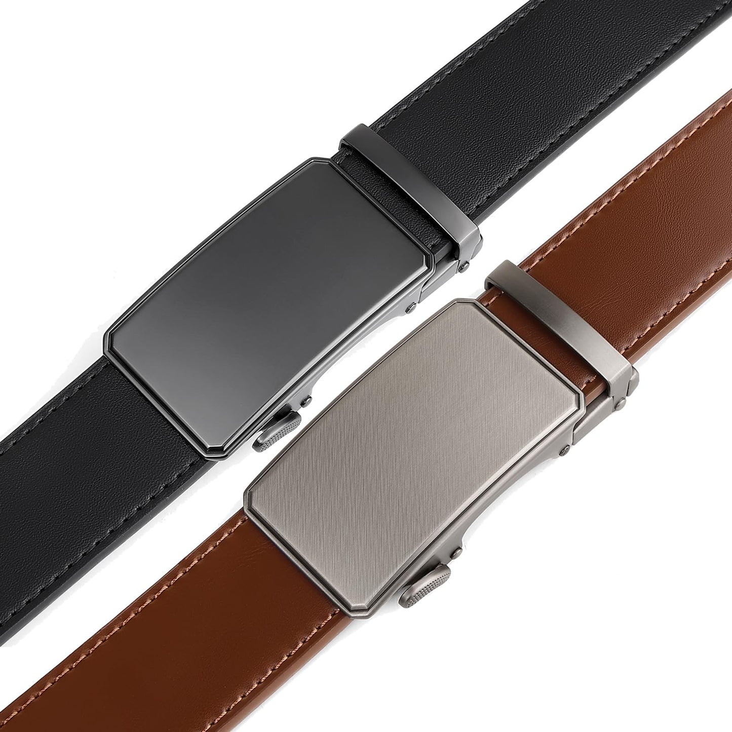 2 Pack Ratchet Belt 1 3/8", Mens leather Dress Belt in Gift Set Size 28"-62" Adjustable waist Trim to Fit (Dark Brown/Black, 28"-42" Waist Adjustable)
