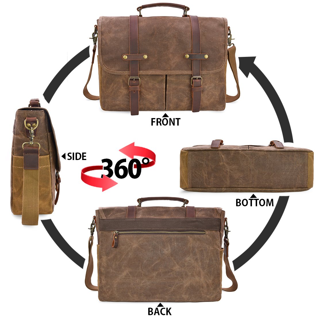 Mens Messenger Bag 15.6 Inch Waterproof Vintage Genuine Leather Waxed Canvas Briefcase Large Leather Computer Laptop Bag Rugged Satchel Shoulder Bag, Brown