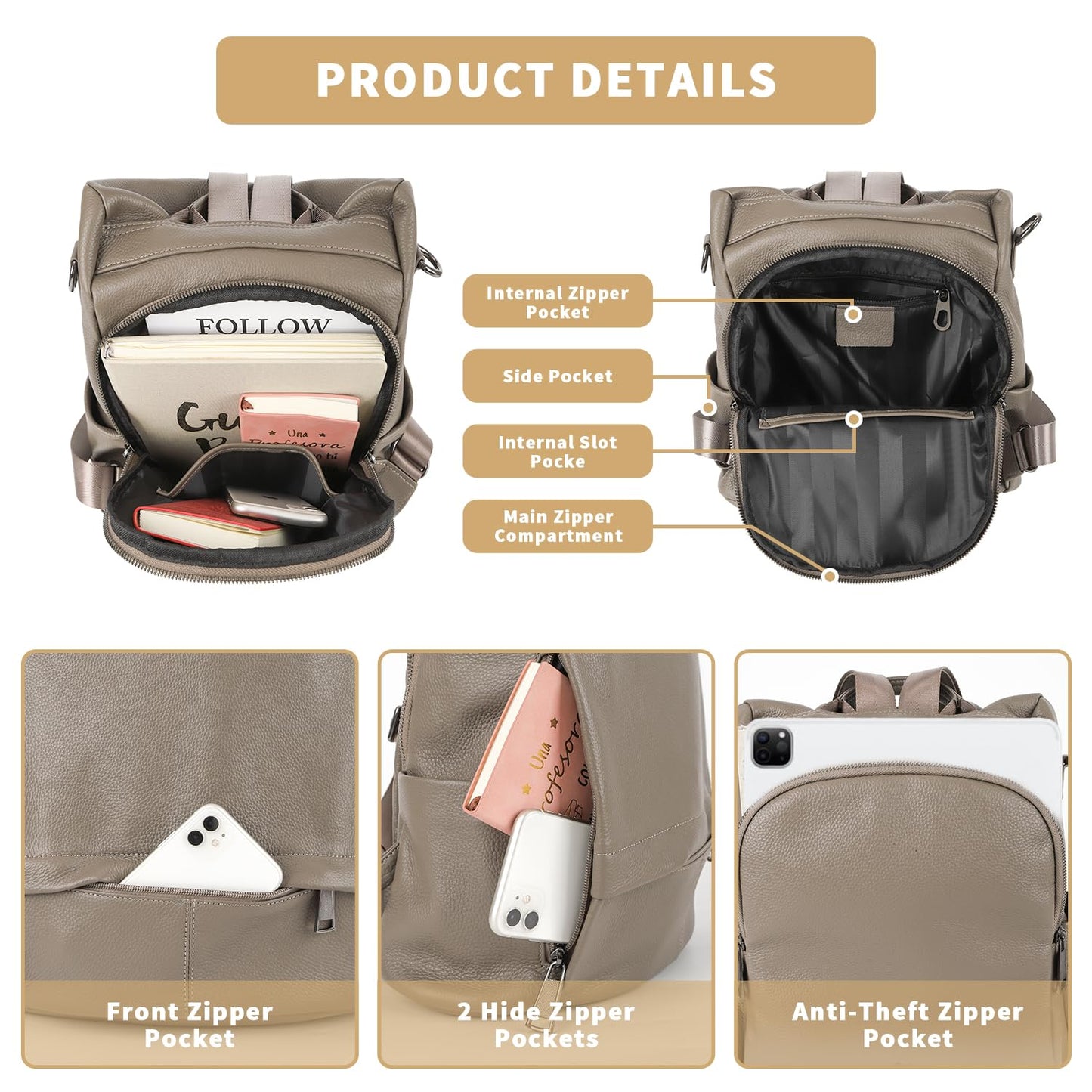 Wesccimo Genuine Leather Backpack Purse For Women Antitheft Real Soft Rucksack Fashion Designer Convertible Ladies Shoulder Bag Grey