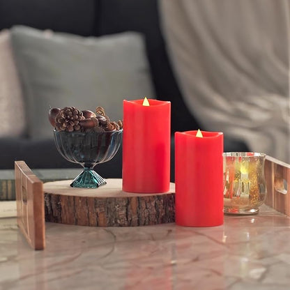 Flameless Candles Last 1300+ Hours Real Wax Flame Effect Auto-Moving 3D Wick, LED Pillar Candles with Timers Battery Operated - Red 6“6”