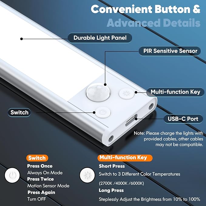 Under Cabinet Lights, 68-LED Rechargeable Battery Operated Motion Sensor Lights Indoor, 1800mAh Magnetic Dimmable Closet Lights, 3 Color Wireless Under Counter Night Lights for Kitchen Stair, 3 Packs