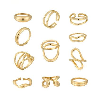 FAXHION 12PCS Gold Stackable Rings Set for Women, 18K Gold Plated Open Stacking Knuckle Ring, Adjustable Chunky Signet Band Statement Ring for Gift