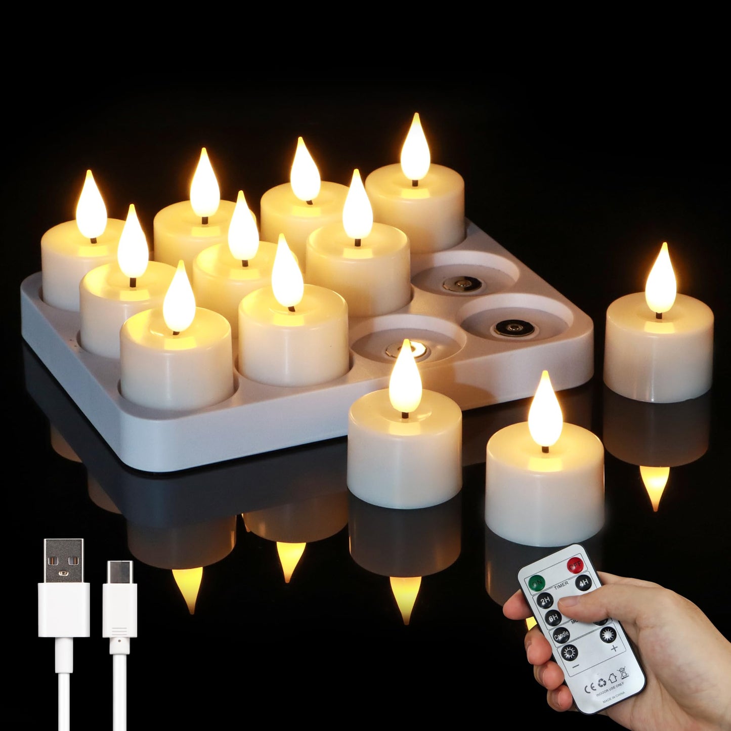 FREEPOWER Rechargeable Flameless Tea Lights with Charging Base & Remote Timer, 12 Pack USB Rechargeable Tealights Candles Battery Operated, Flickering Realistic for Home Christmas Wedding Decor