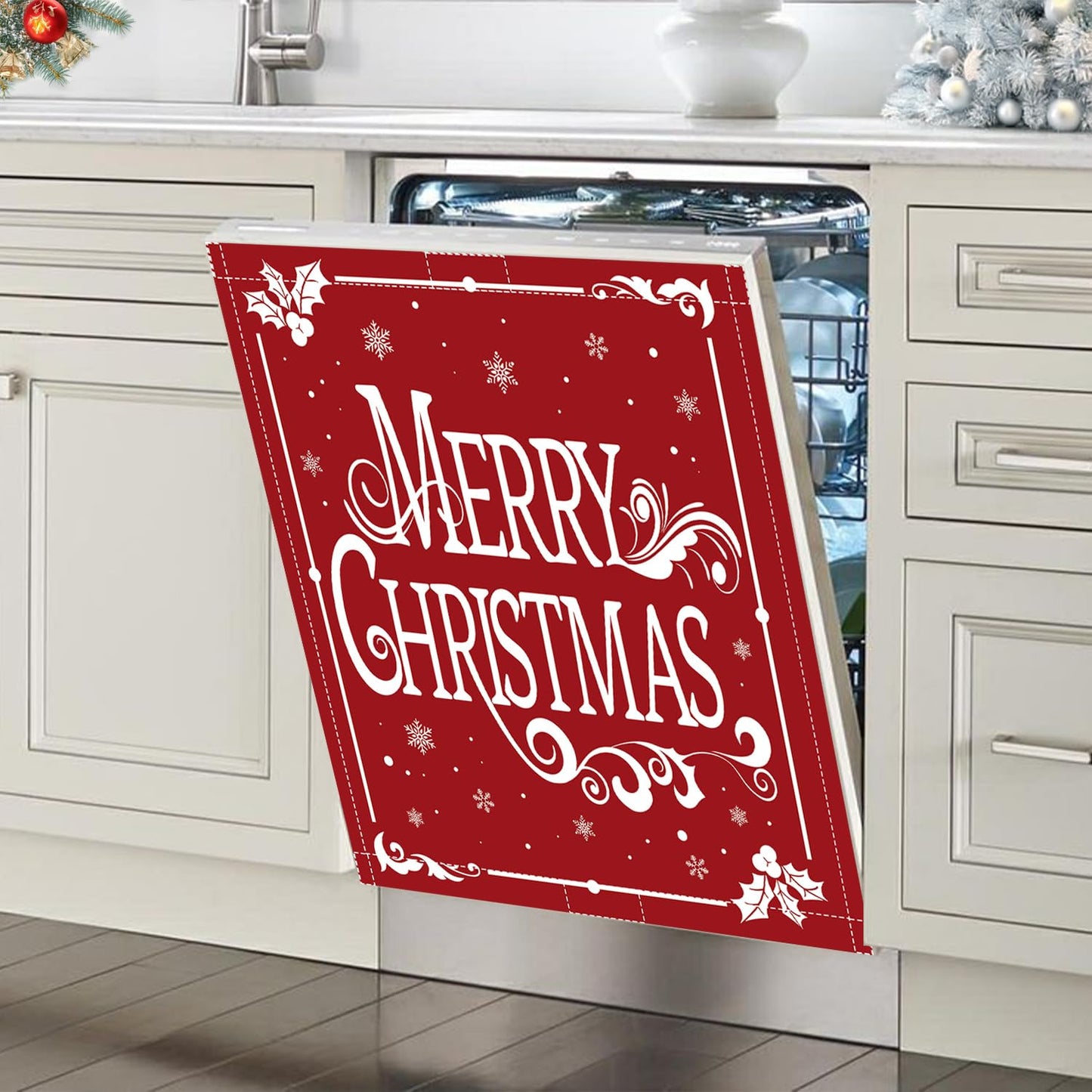 Christmas Dishwasher Magnet Cover 23x26in Merry Christmas Dishwasher Cover for Washers Fridge Panel, Snowflake Magnetic Covers for Kitchen, Machine Door Covers Decor, Red Christmas Kitchen Decor
