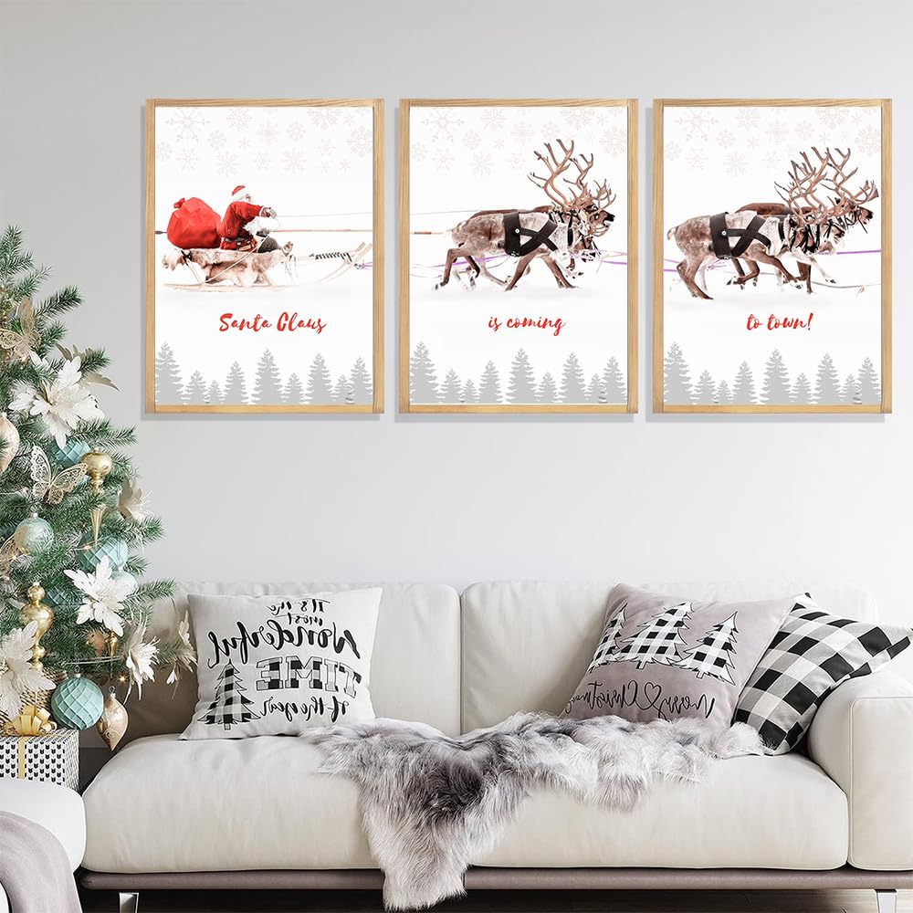 Framed Christmas Wall Art, 3 Pack 12x16 Inch Santa Claus with Sleigh Deer Canvas Pictures for Bedroom Office Home Decor