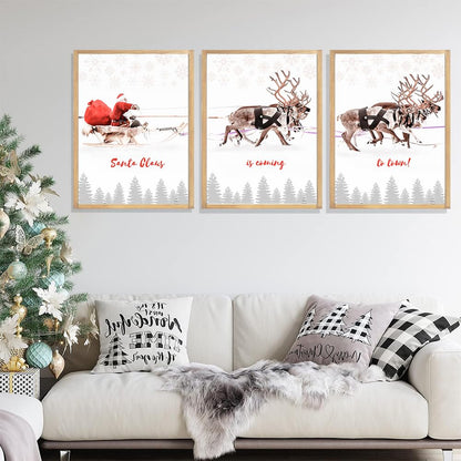 Framed Christmas Wall Art, 3 Pack 12x16 Inch Santa Claus with Sleigh Deer Canvas Pictures for Bedroom Office Home Decor