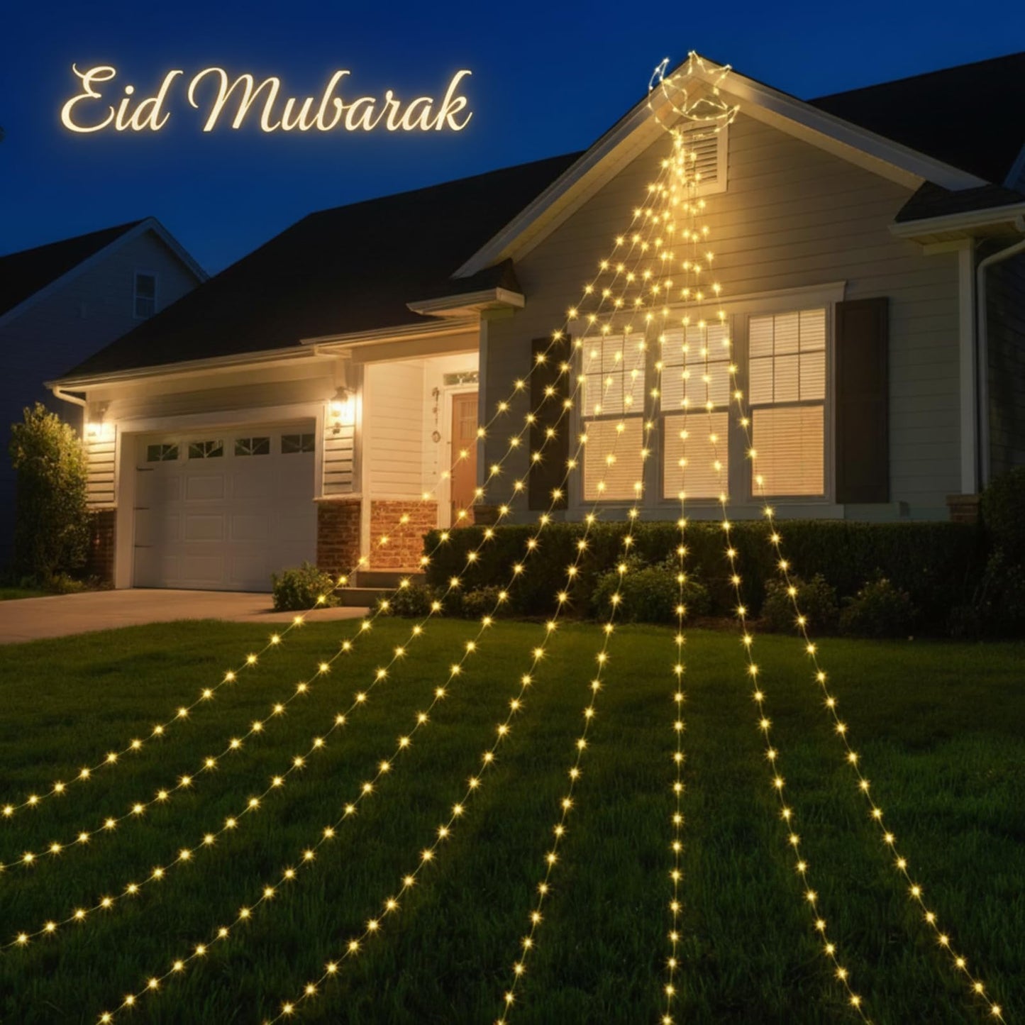 Glooglitter Ramadan Mubarak Eid Moon Star Lights Outdoor Decor 11.5ft Warm LED Waterfall Lights Extension Cord USB Powered for Tree Outside Yard Garden Patio Wall Porch Decorations