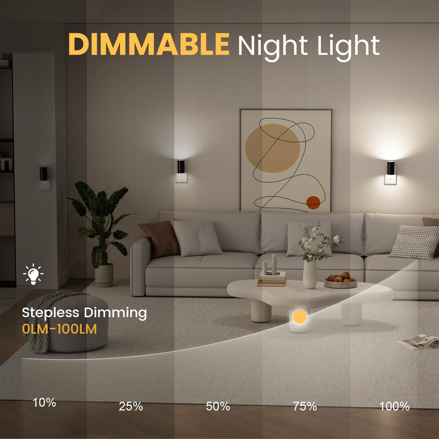 VOLISUN Night Lights Plug into Wall, Dimmable LED Nightlight with Dusk to Dawn Light Sensor, 0-100LM Adjustable Brightness, 3 Color Temperatures, Smaller Plug Black 2 Pack for Hallway,Bedroom,Bathroom