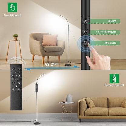 Yikuneng Dimmable LED Floor Lamp, Super Bright Reading Lamps Floor Standing lamp with Remote & Touch Control, Stepless Dimming & 2700K-6500K Color Temperature, for Living Room Bedroom Office, Black