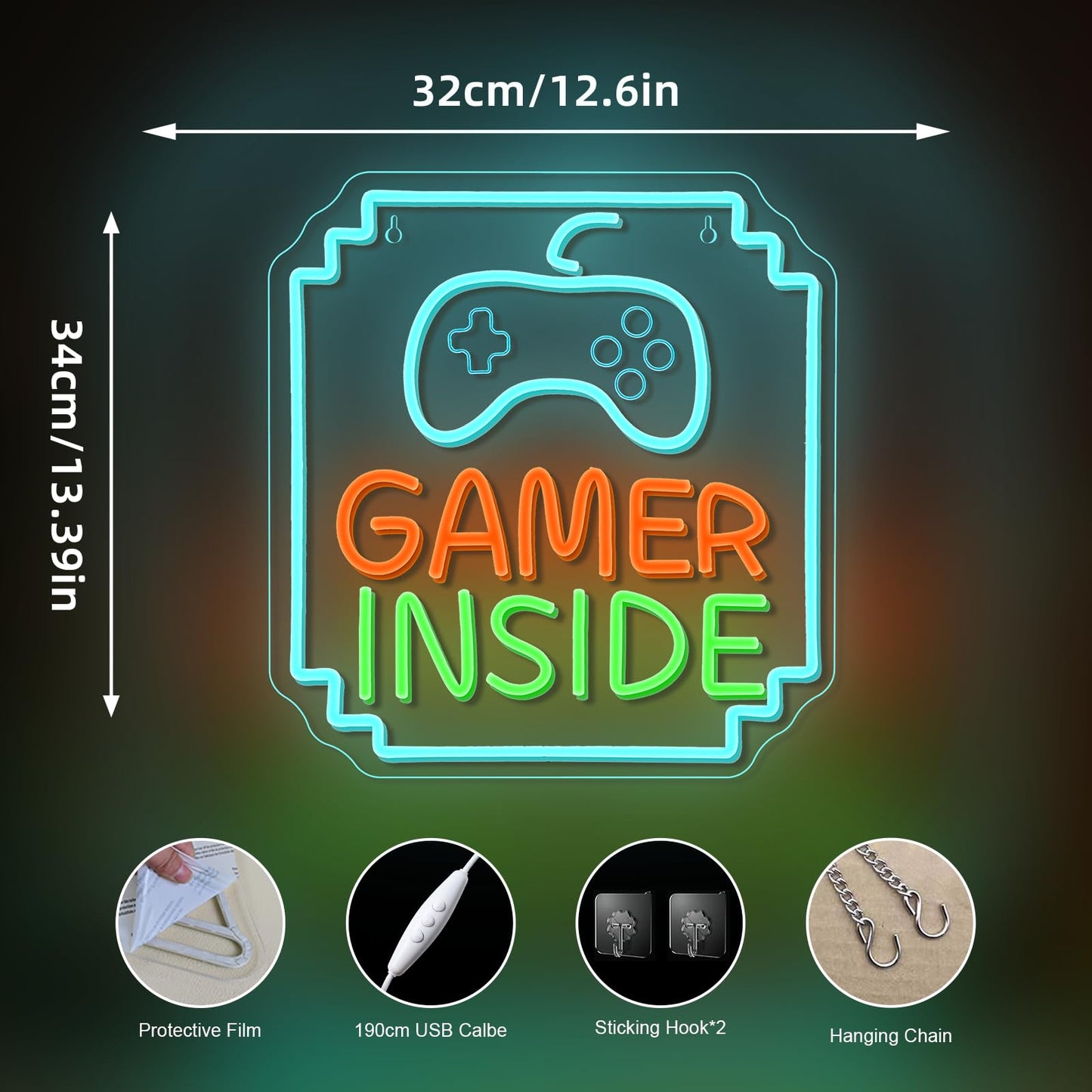VVYXX Gamer Inside Neon Sign Game Controller LED Sign for Gaming Room Decor Best Gamer Gifts for Boys Kids Game Neon Sign for Teen Boy Room Decor